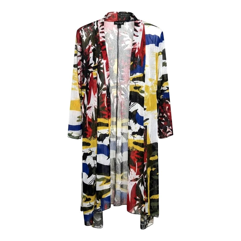 Step In Style Women's L Wearable Art Cardigan Multicolor Abstract Mesh Longline